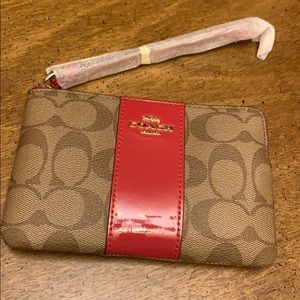 Khaki & true red accent Coach wristlet